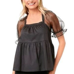Tuckernuck Pomander‎ Place Tinsley Tulle Top Black Peplum Puff Sleeve Babydoll S